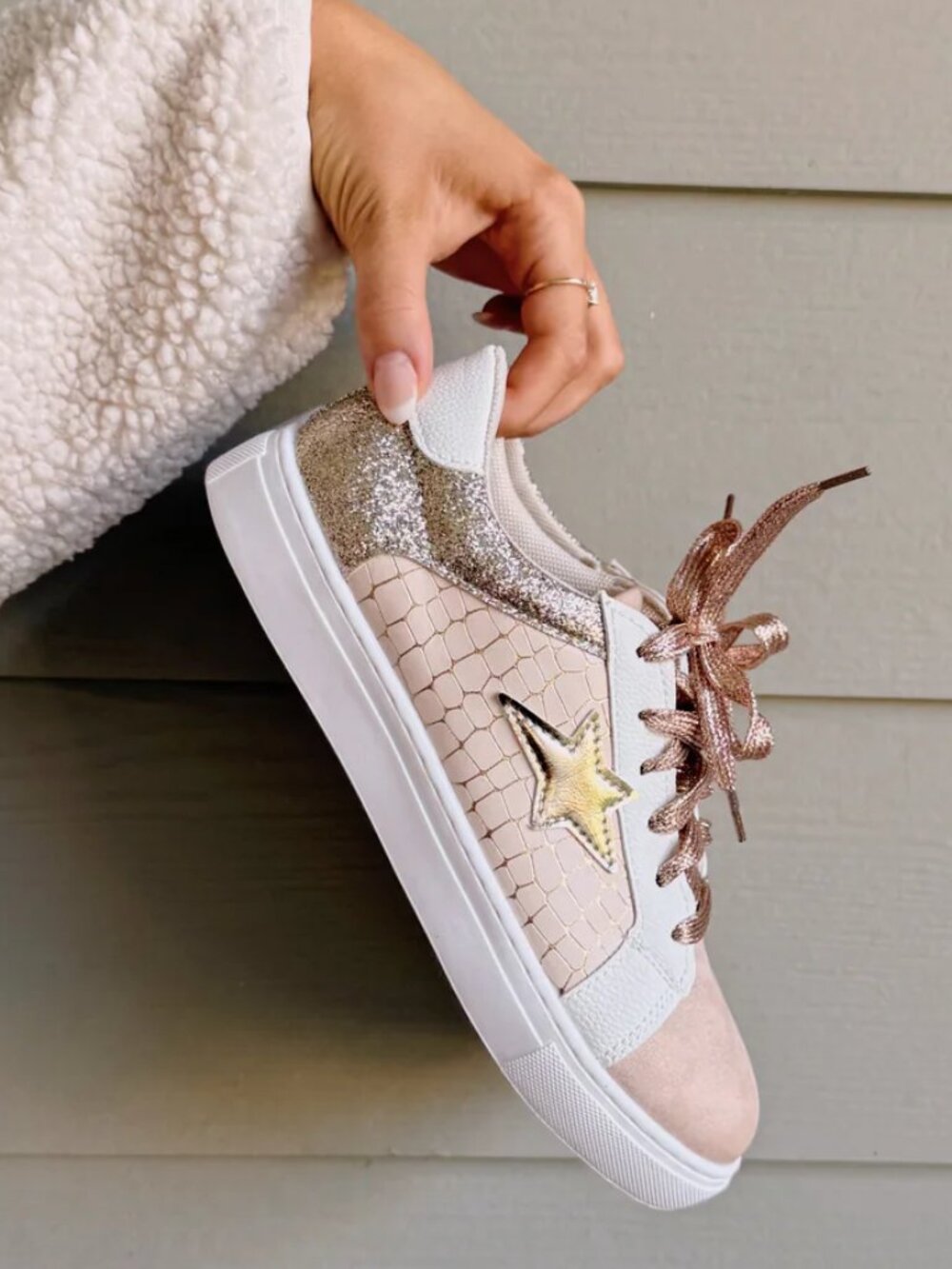 Gold Glitter Star Patchwork Leather Lace-Up Sneakers - Picture 10 of 16